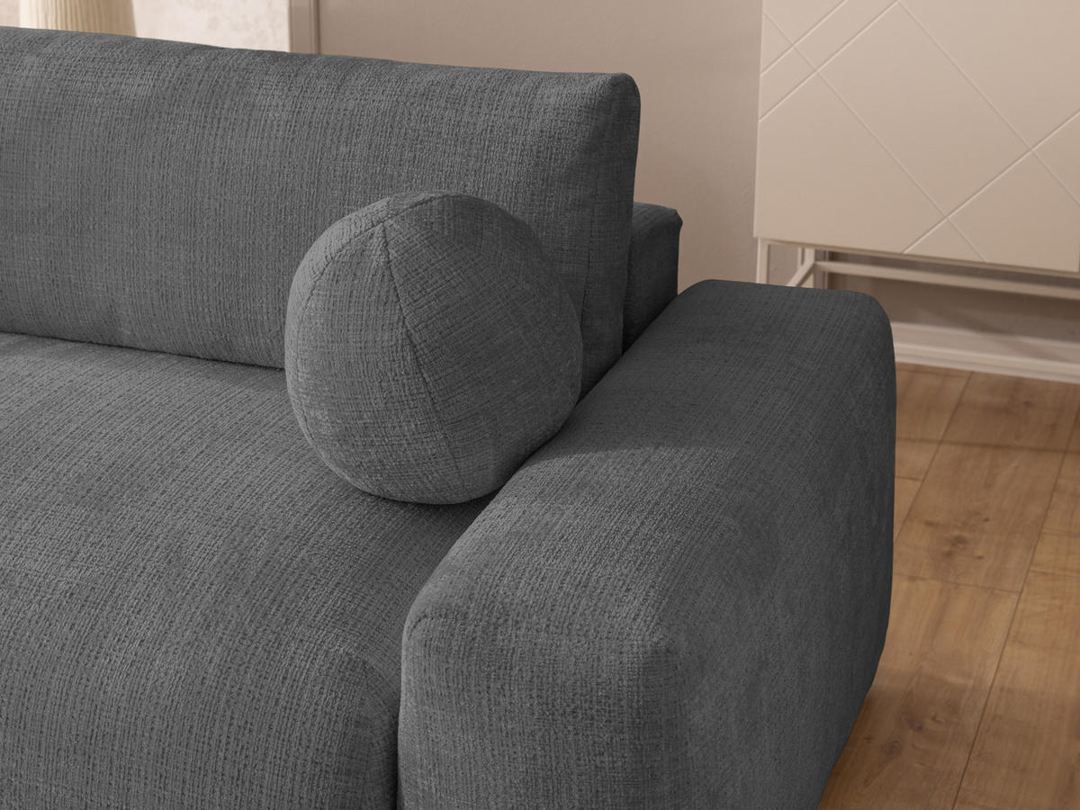 ECKSOFA Puffy mit Schlaffunktion und Bettkasten - besonders weich und puffig aus Grau Chenille-Stoff - Ottomane links - Schwarz/Grau, Holz/Kunststoff (138/266cm) - S-Style Möbel