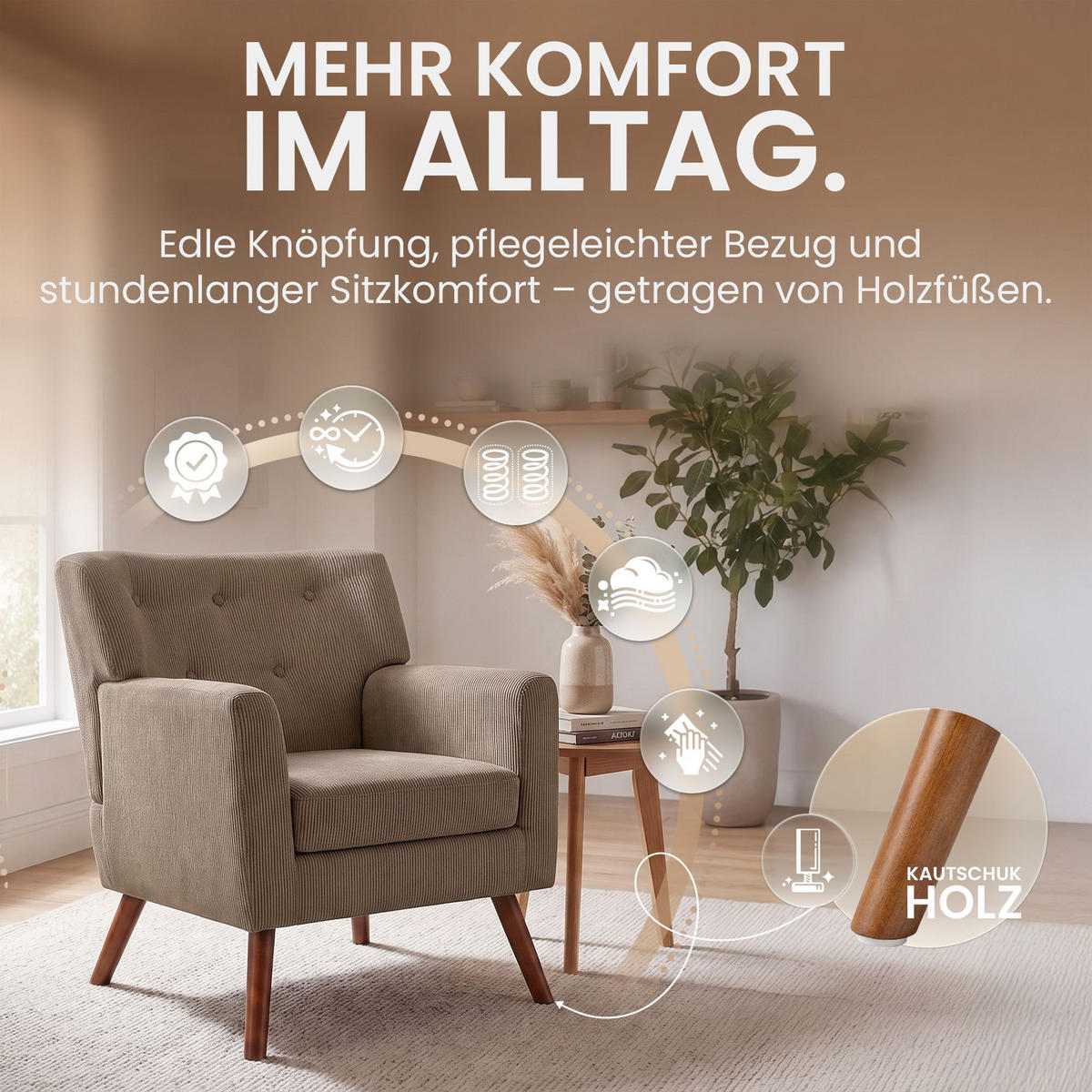 SESSEL Cord Taupe - Taupe/Braun, Textil (72/80/74cm) - CLP
