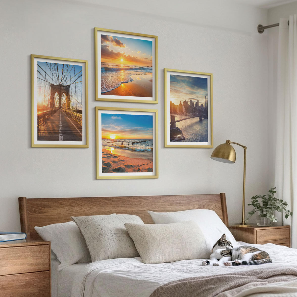 BILDER SET 4er Set - 50x50 cm & 40x60 cm Goldrahmen - Brücken, Sonnenuntergänge, Stadt - Goldfarben, Kunststoff (50/50cm) - TULUP