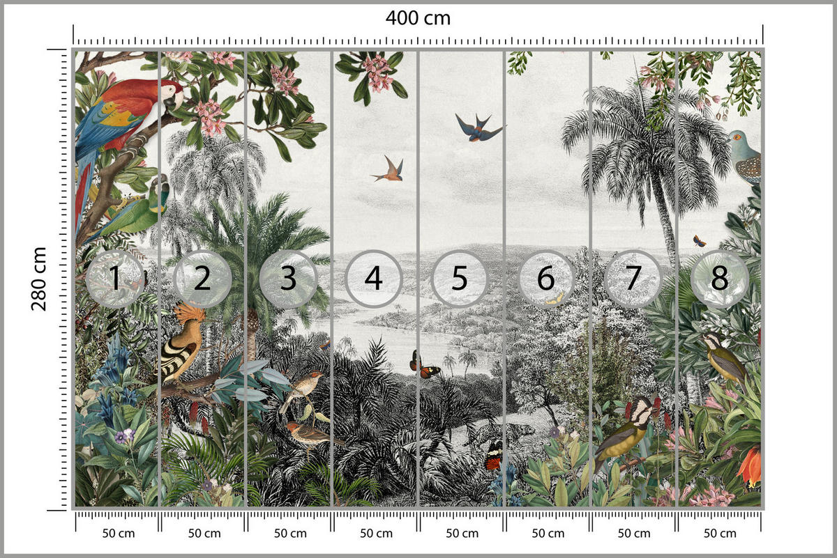 FOTOTAPETE für Wohnzimmer Tropenpapageien Vögel Palmen 400x280 - Gelb/Rot, Papier (400/280cm) - Muralo