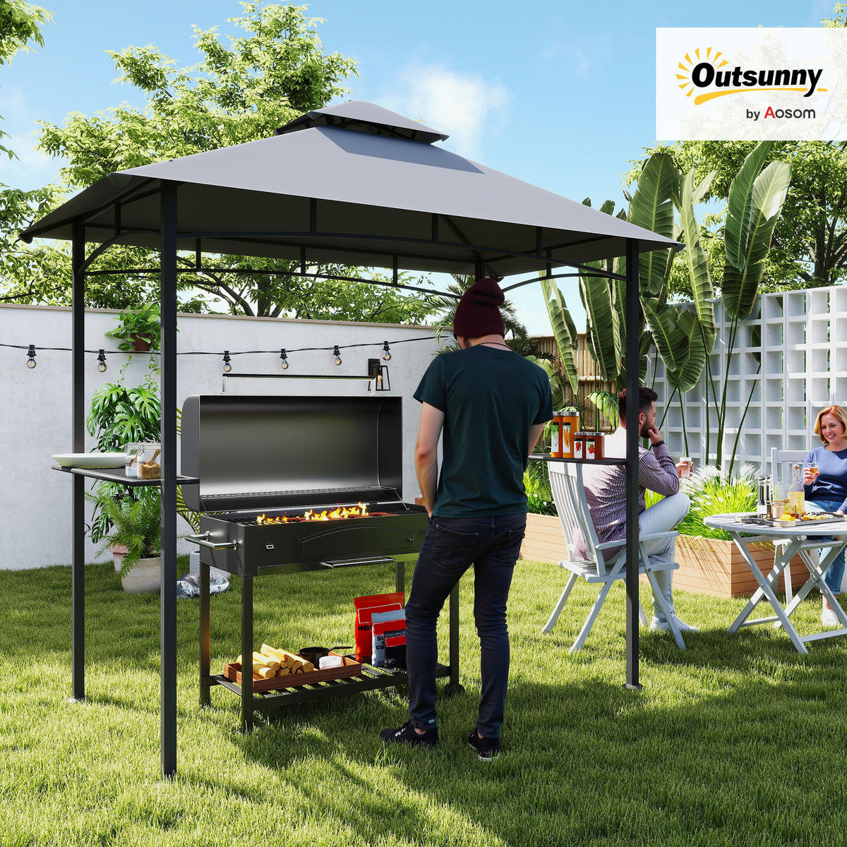 GRILLPAVILLON Gartenzelt Stahl Grau - Schwarz/Grau, Kunststoff/Metall (148/252/245cm) - Outsunny