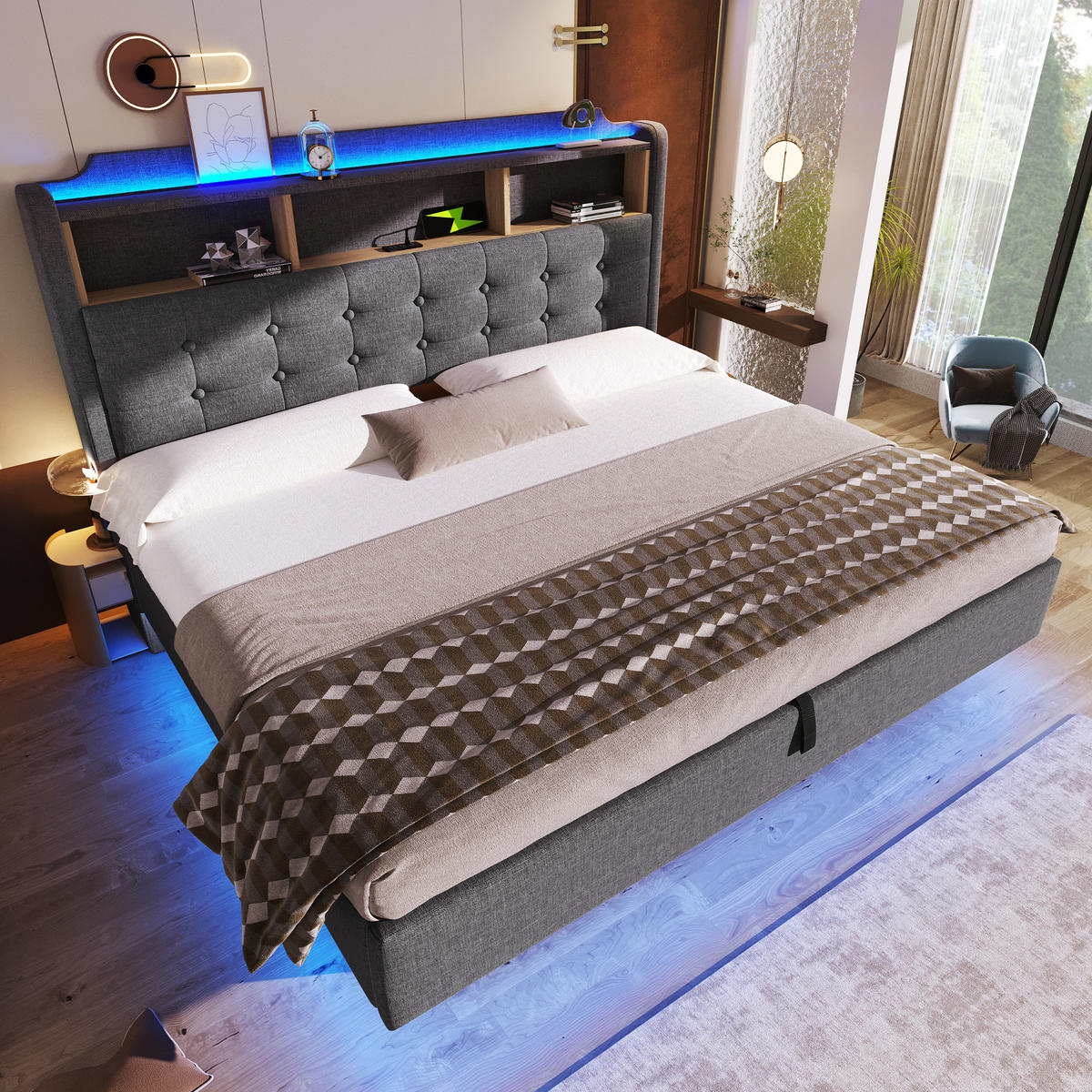 POLSTERBETT 180/200 cm in Grau mit Stauraum, LED, USB- und Type-C-Anschlüssen, Leinenbezug und schwebendem Design - Grau, Holzwerkstoff/Textil (180/200cm) - STILVORA