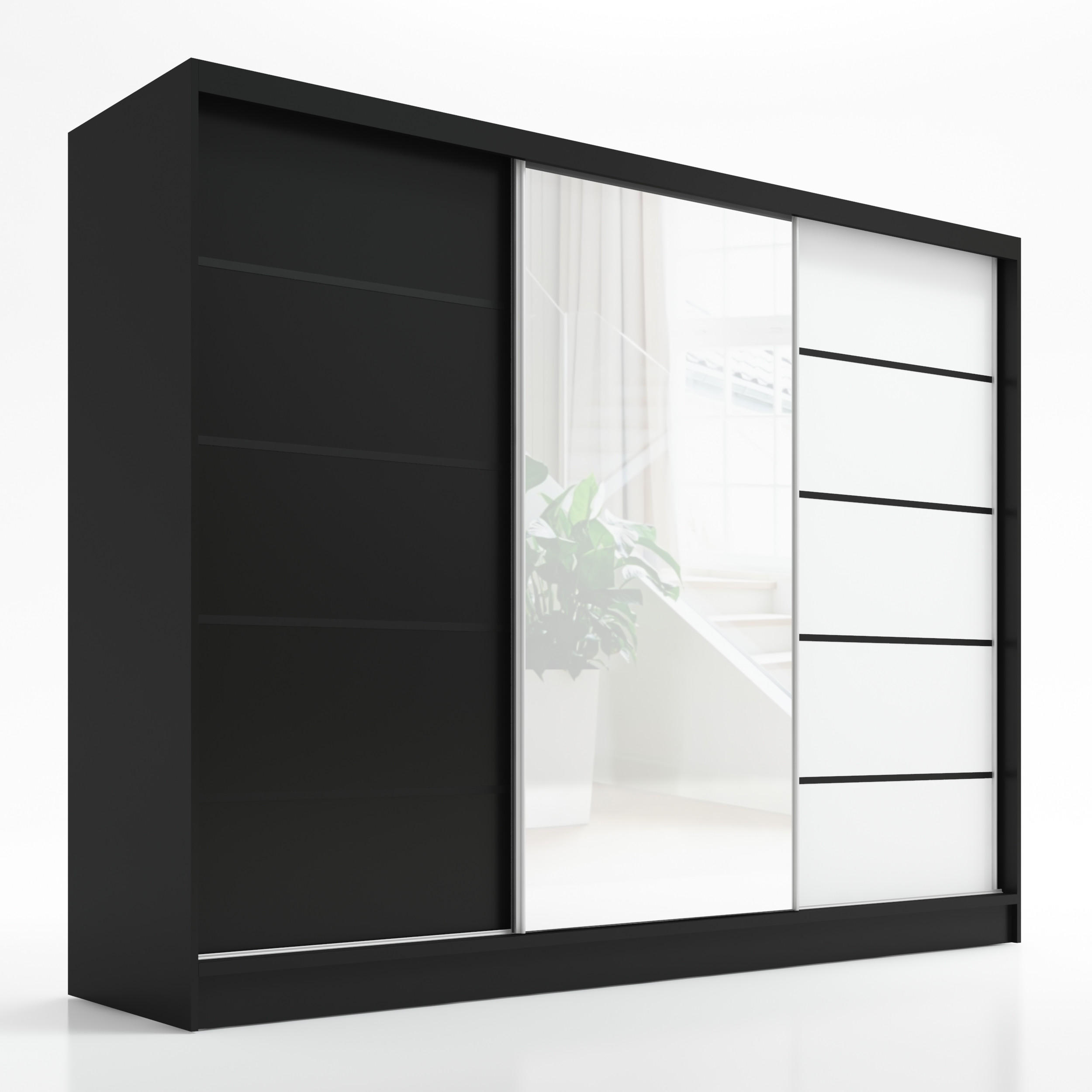A&J MöbelLand Schwebetürenschrank Schwarz, Schwarz, Weiß 200x215x60 cm