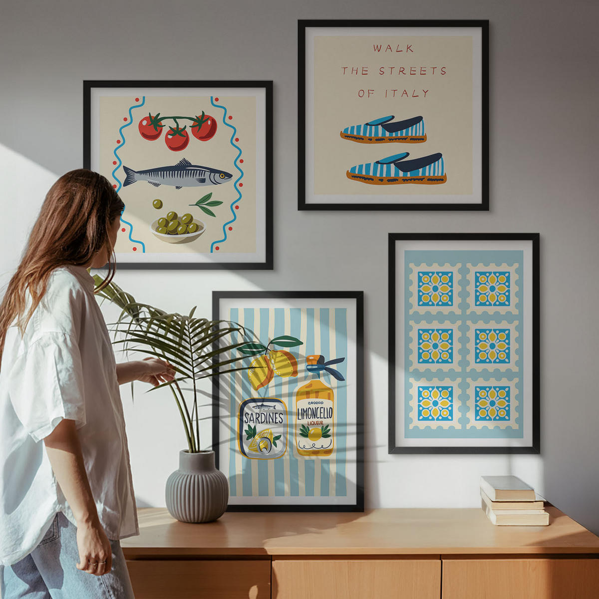 BILDER SET 4er Set - 50x50 cm & 40x60 cm Schwarzer Rahmen - Fruchtmuster und italienische Kultur - Schwarz, Kunststoff (50/50cm) - TULUP