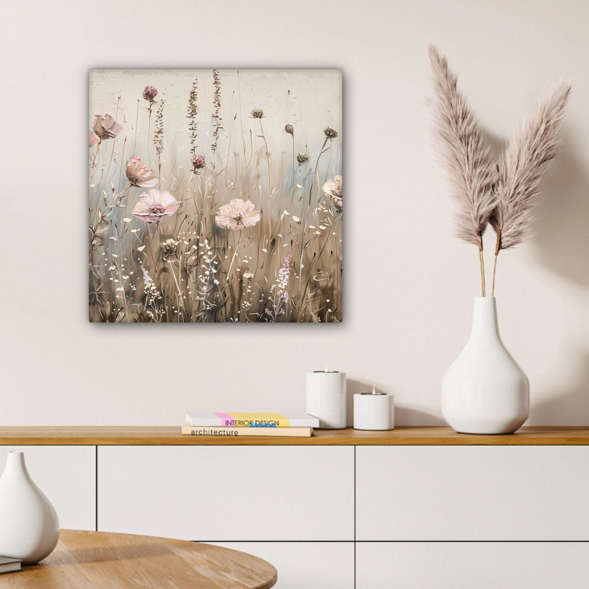 LEINWANDBILD Blumen - Rosa - Modern - Beige Wandbild Wohnzimmer 50x50 cm - Beige, Textil (50/50cm) - MuchoWow