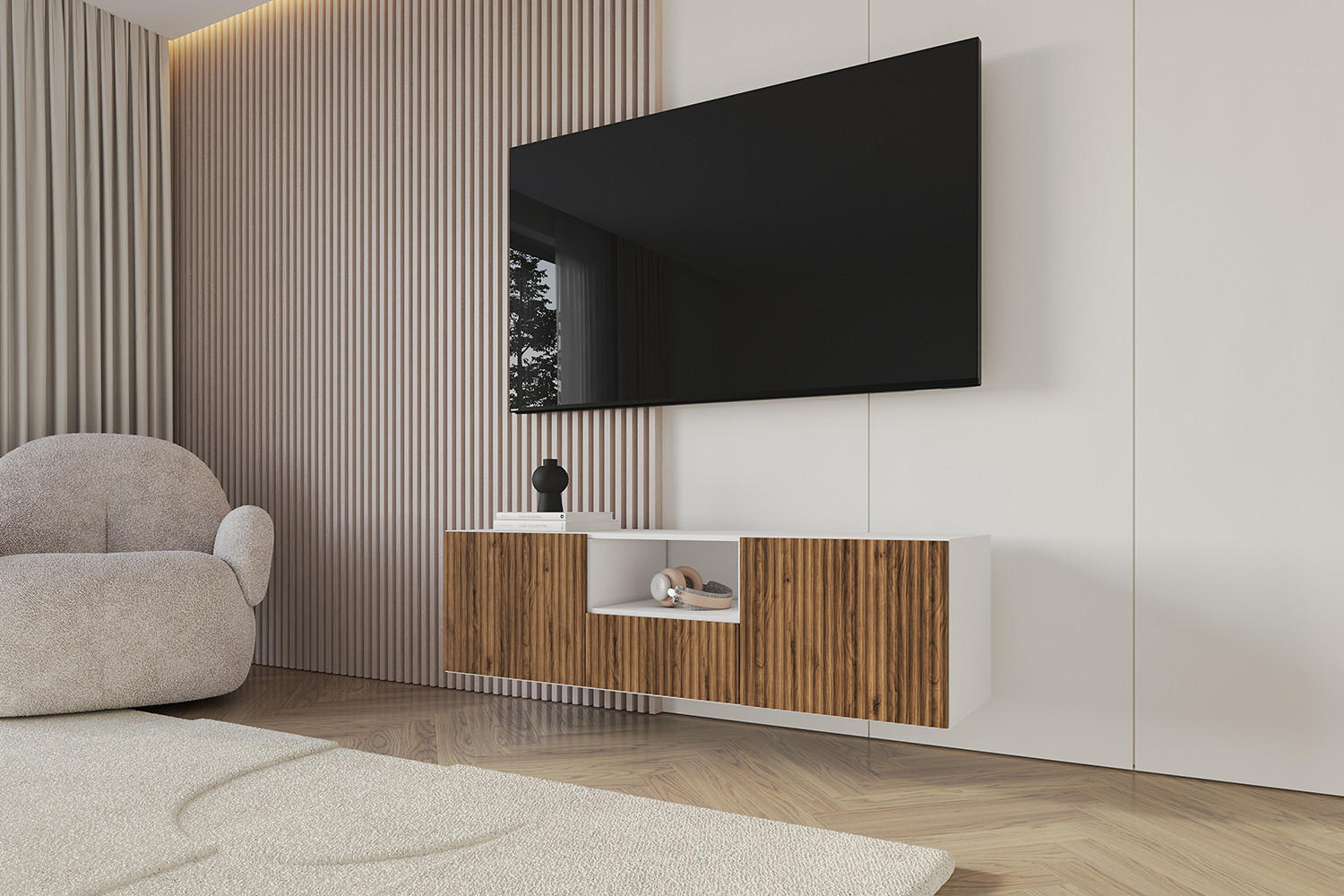 LOWBOARD NOA-2-W 140x40x41 cm - Weiß / Katania - Eiche Wotan, Holzwerkstoff (140/40/41cm) - ALTDECOR