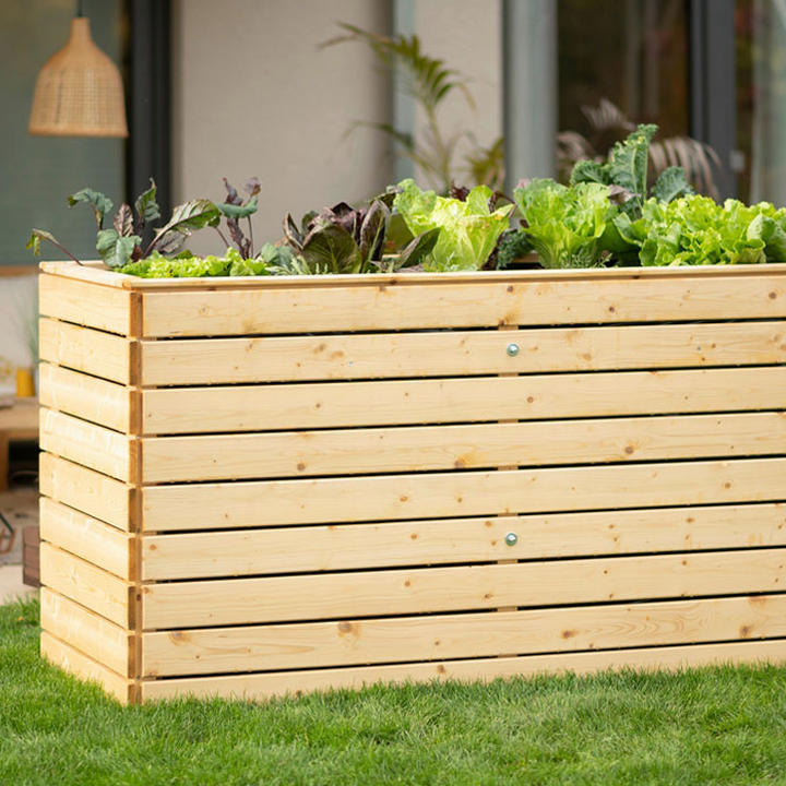 Holz-Hochbeet mit frischem Salat und Gemüse auf Rasen vor einer Terrasse