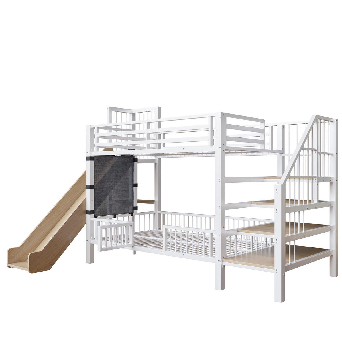 HOCHBETT 90/200 cm mit Rutsche, Stauraumtreppe und Regalen aus Metall, Weiß - Weiß, Holzwerkstoff (90/200cm) - Redom