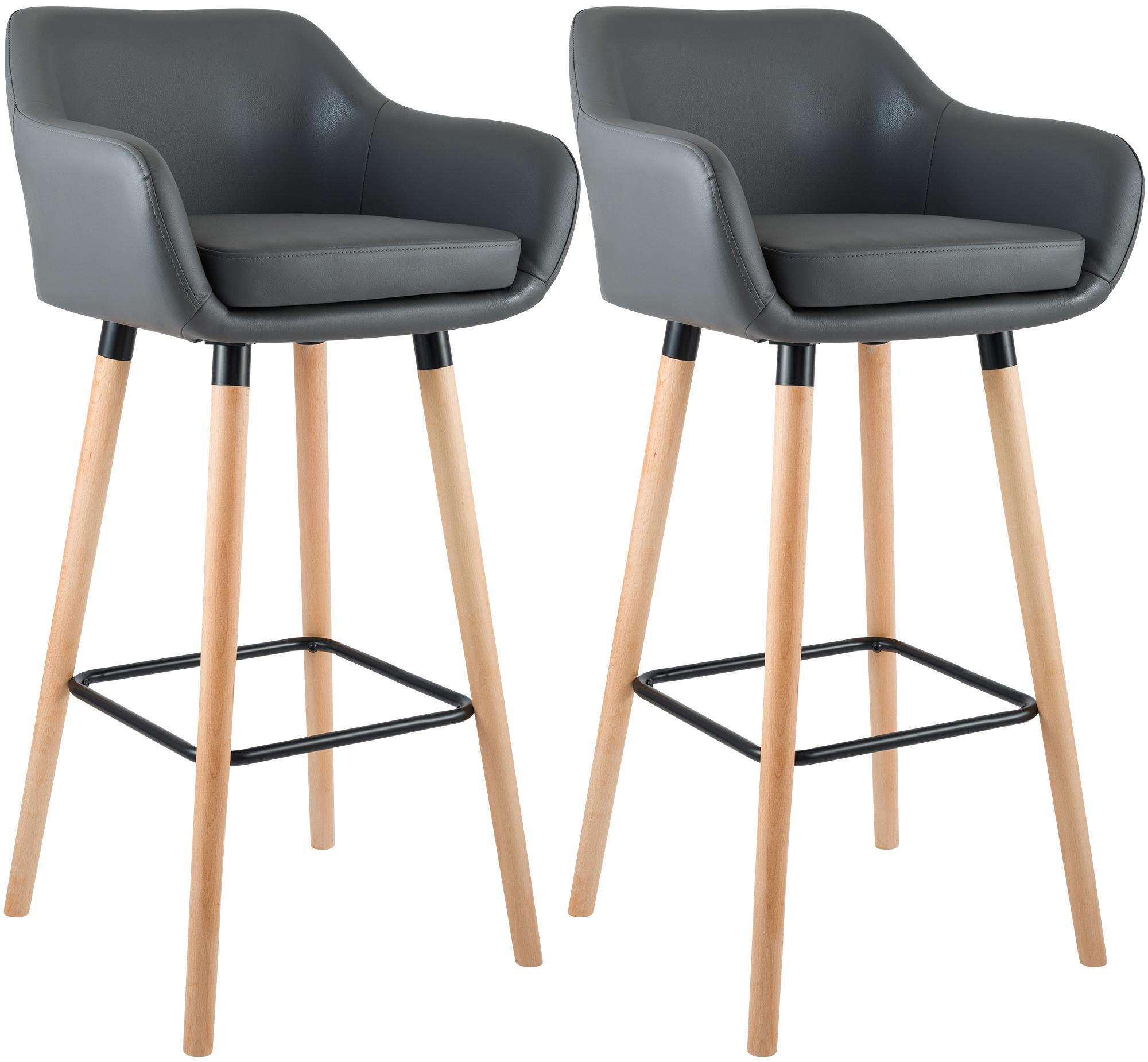 BARHOCKER 2er Set Lederlook Grau - Eukalyptusholzfarben/Grau, Holz/Textil (55/99/46cm) - CLP