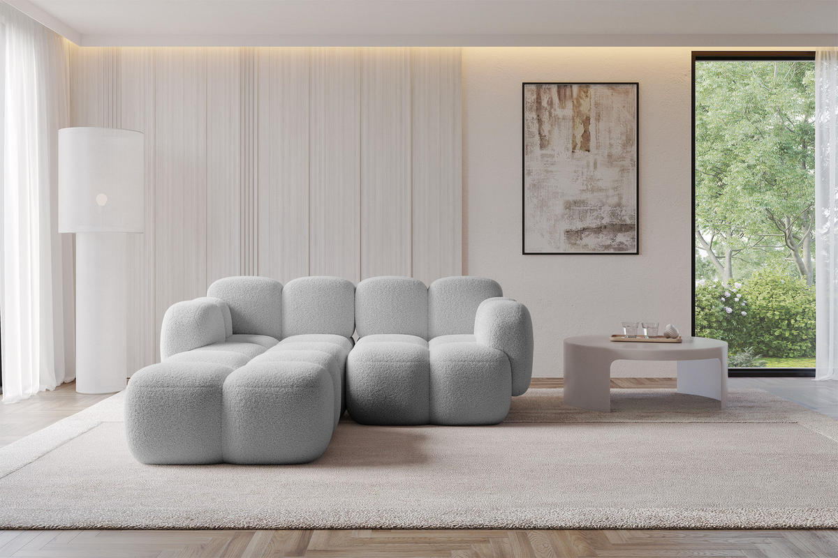 ECKSOFA modulares Sofa Links Miko-L1 214x205x75 Hellgrau Bouclé - Edelstahlfarben/Schwarz, Holzwerkstoff/Kunststoff (214/205cm) - ALTDECOR