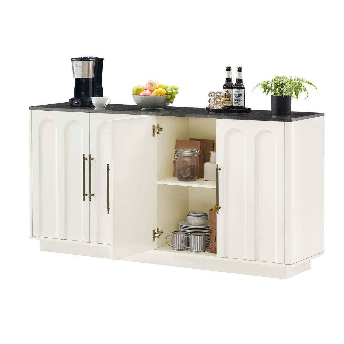 SIDEBOARD DE-38177 160/40/80 cm mit 4 Türen und Bogenfront Weiß - Weiß, Holzwerkstoff (160/80/40cm) - ComfortXL