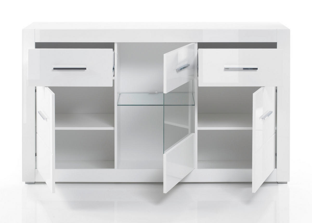 SIDEBOARD weiß Hochglanz 164 cm, Kommode mit 6 Fächern - Chromfarben/Weiß Hochglanz, Glas/Holzwerkstoff (164/97/42cm) - Furn.Design