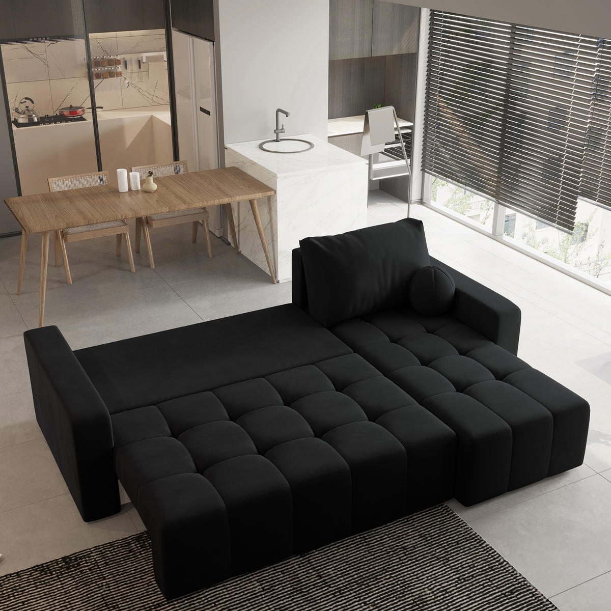 ECKSOFA VOLIRA Schwarz Plüsch-Stoff mit Schlaffunktion - Schwarz, Holz (230/143cm) - MASSENO