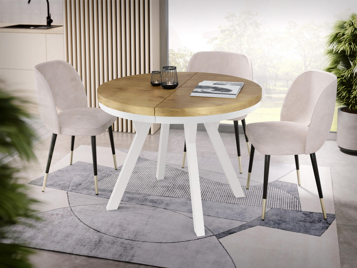 ESSTISCH Lume Weiß runder ausziehbarer, Lancelot Eiche 100-150/100/76 cm - Eichefarben/Weiß, Holz/Holzwerkstoff (100/100/76cm) - WFL GROUP