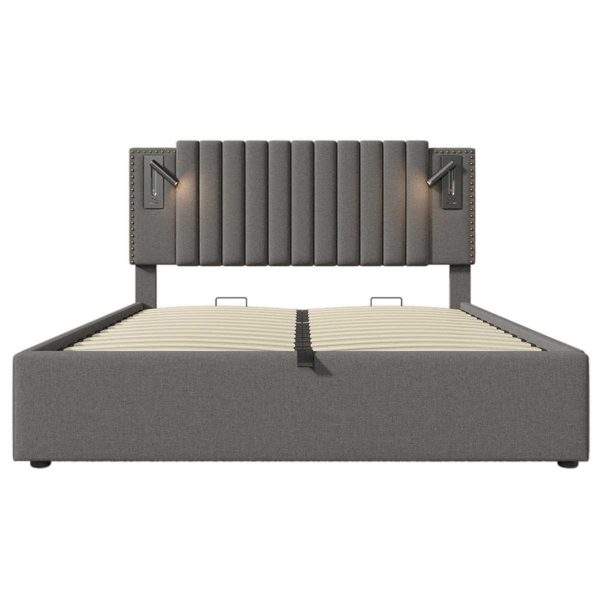 POLSTERBETT 140/200 cm grau aus Baumwolle mit USB-C, Leselicht und Bettkasten - Grau, Textil (140/200cm) - OKWISH
