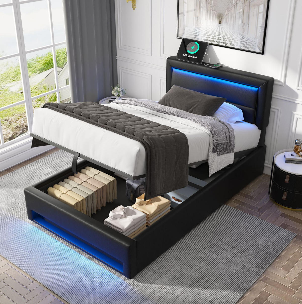 POLSTERBETT mit USB, LED und Stauraum 90x190 cm PU Schwarz - Schwarz, Metall (90/190cm) - Meubliv