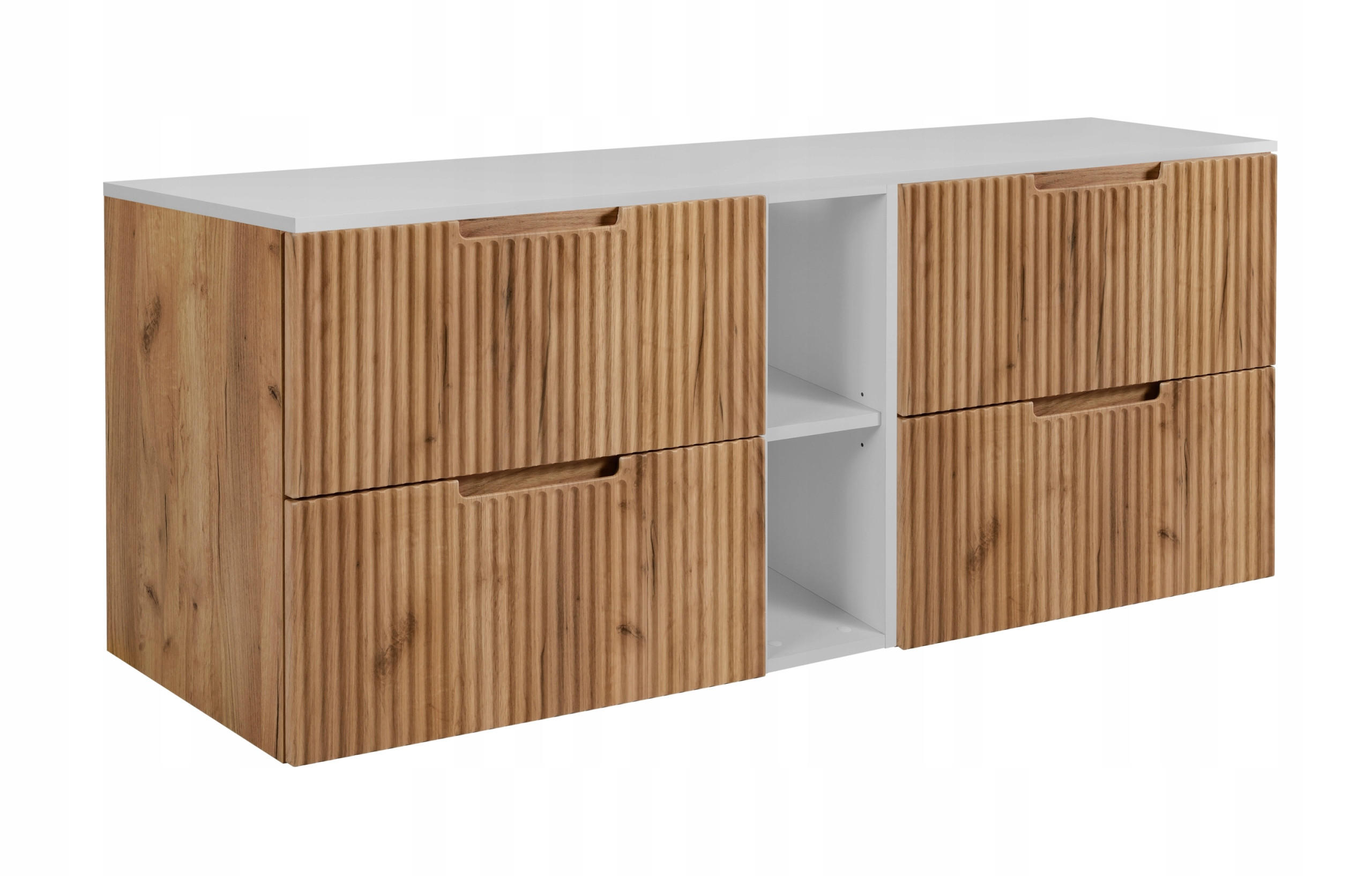 WASCHBECKUNTERSCHRANK VENA 140 cm mit Arbeitsplatte Farbe: Mattweiß mit einem Regal Gerillte Vorderseite Eichen Craft - Eichefarben/Weiß, Holzwerkstoff (140/58/46cm) - Rodan