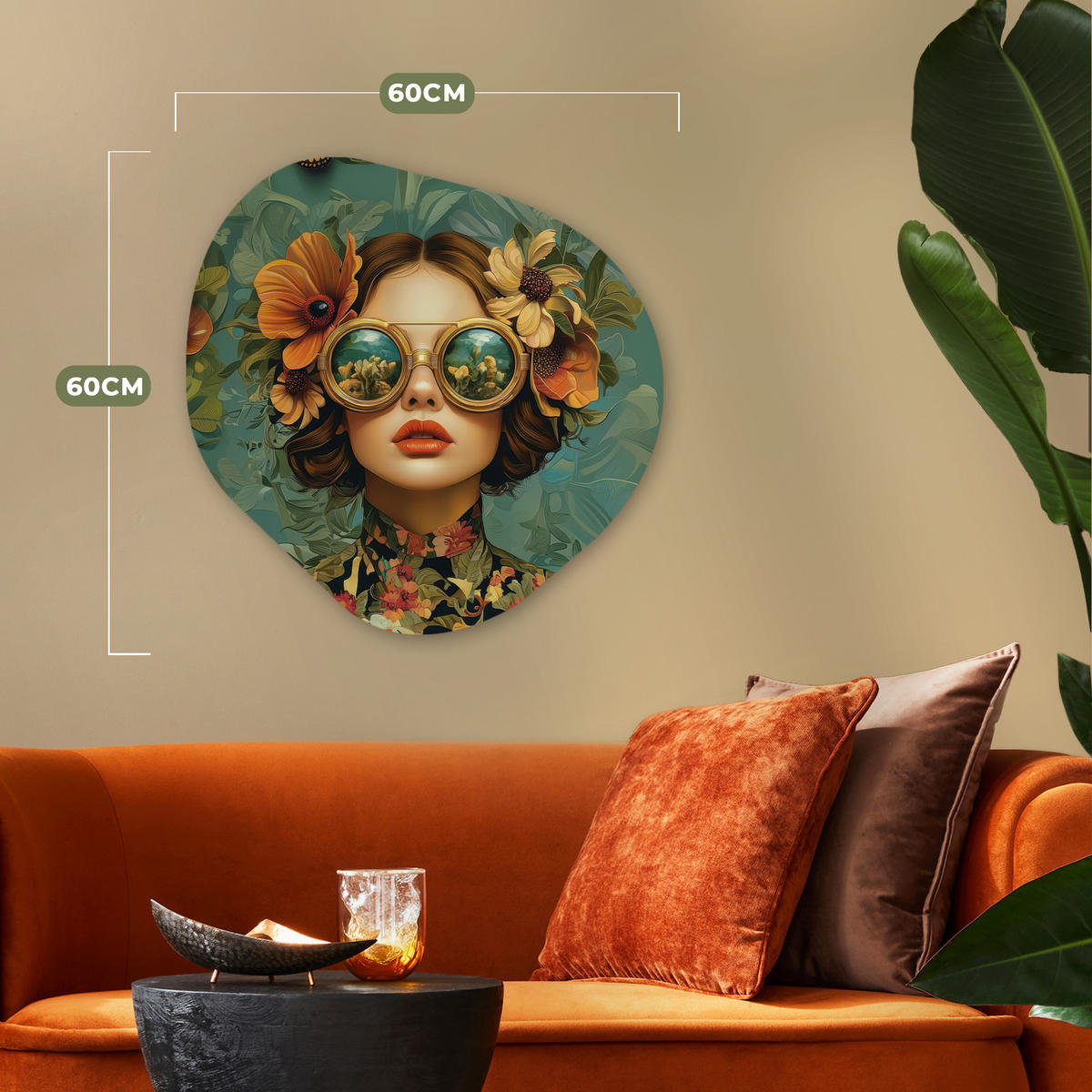 WANDBILD Frau - Blumen - Schmetterlinge - Natur - Vintage 60x60 cm - Petrol, Kunststoff (60/60cm) - MuchoWow