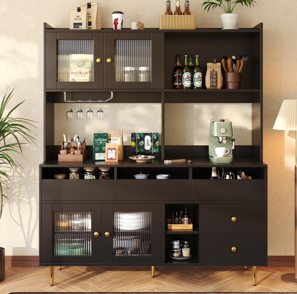 ANRICHTE Esszimmer-Hochschrank 145/39/171 cm aus MDF mit Changhong-Glastüren und Weinregal Schwarz - Schwarz, Holzwerkstoff (145/171/39cm) - Modenvie