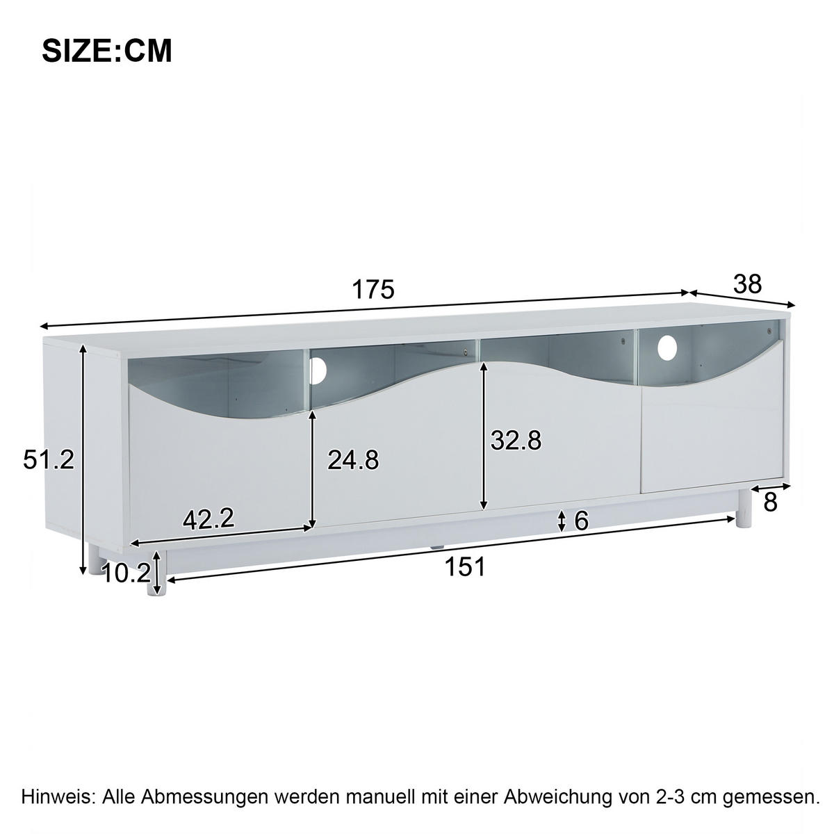 TV-SCHRANK 175x38cm geschwungenes Design Hochglanzweiß LED Glastür - Weiß, Holz (49/27.94/61.98cm) - FLIEKS