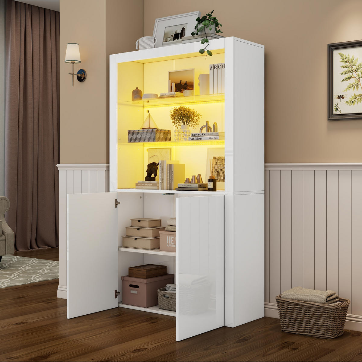 KÜCHENSCHRANK 100/170/35 cm, MDF, MIT LED-BELEUCHTUNG, Wohnzimmer Hochschrank - Weiß, Holzwerkstoff (35/170/100cm) - Rolipo