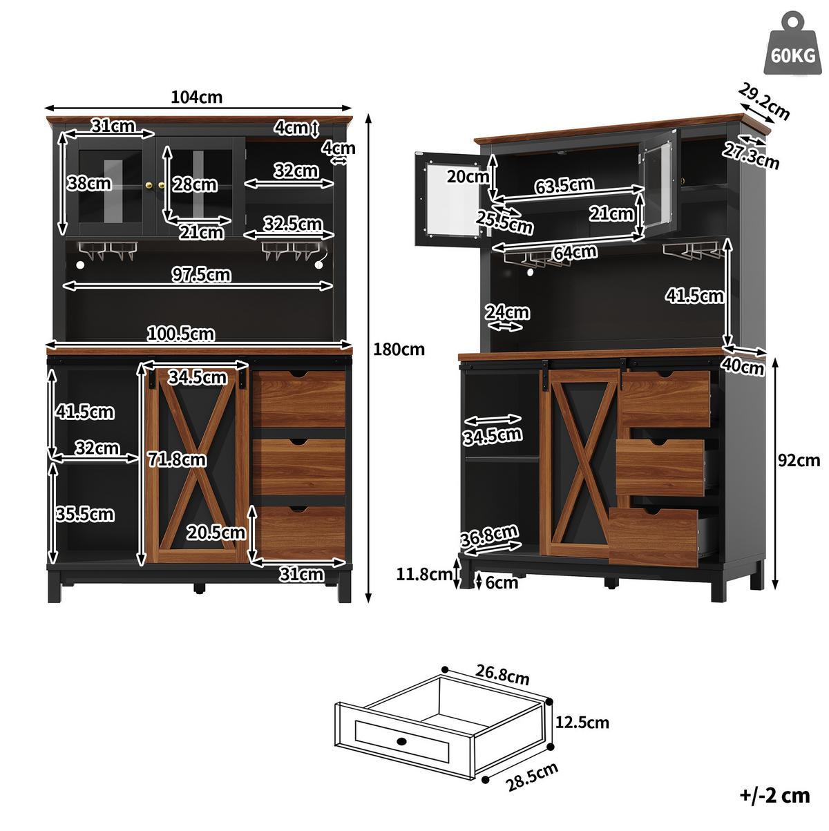 HIGHBOARD 104/180/40 cm Schwarz aus MDF, Metall und Glas mit LED-Beleuchtung - Schwarz, Glas (40/180/104cm) - OKMYHOME