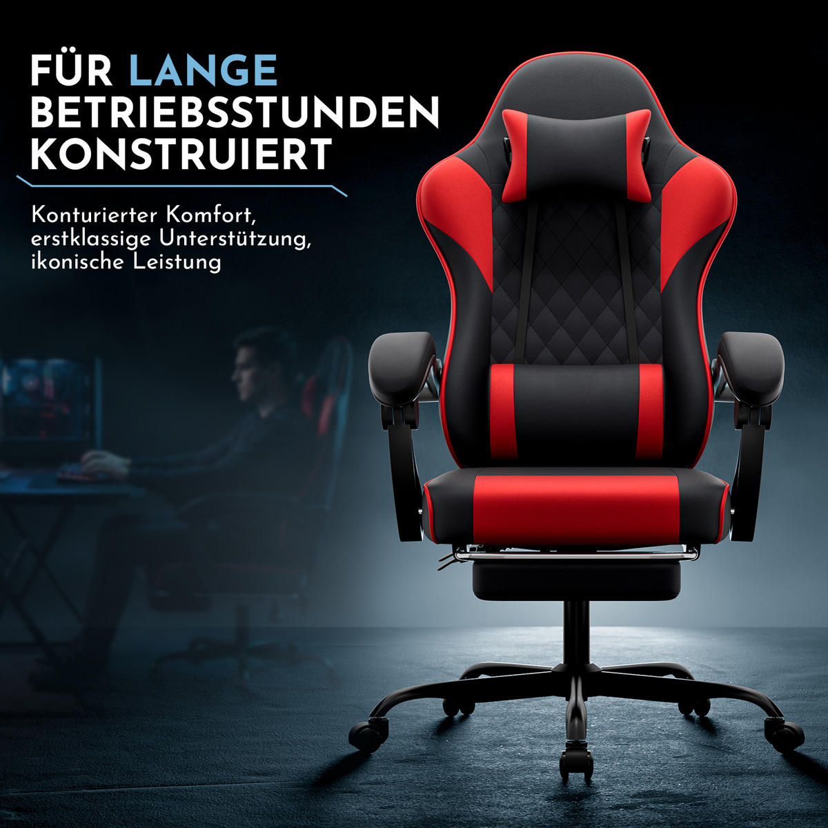 GAMINGSTUHL DE-40998 mit Lordosenstütze und Fußstütze Schwarz/Rot - Rot, Metall (58.5/120.5/63cm) - ComfortXL