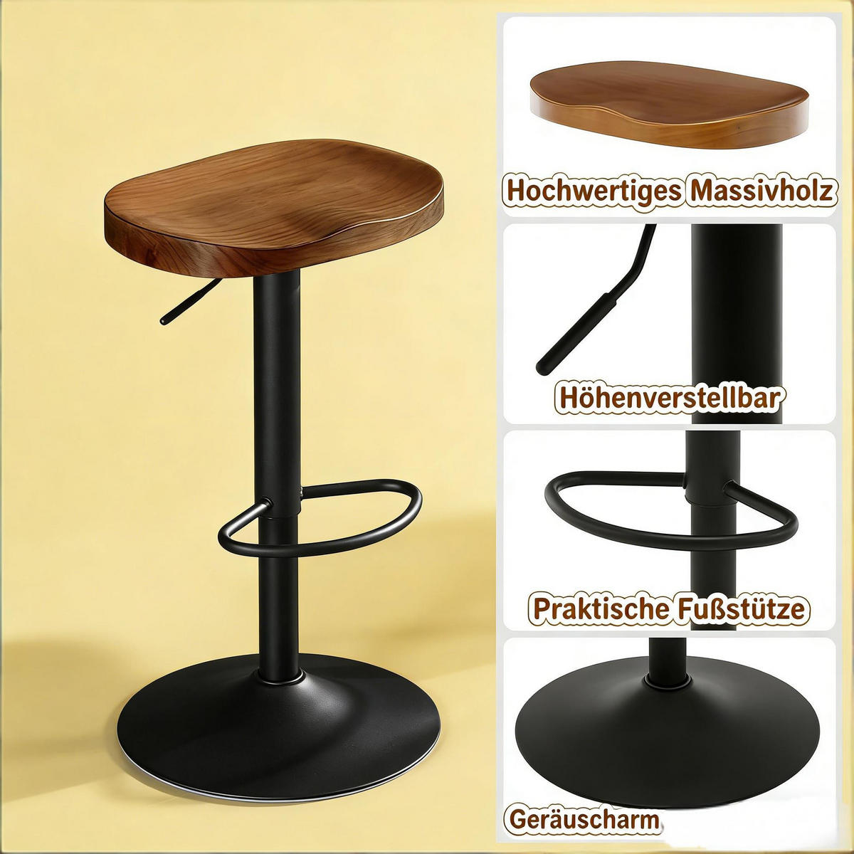 BARHOCKER 1er-Set Braun Drehbar & Höhenverstellbar aus Massivholz - Braun, Holz (41.5/81/31.5cm) - PANGIVO