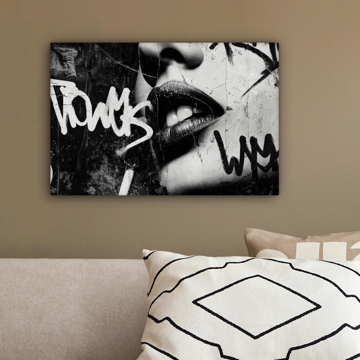 LEINWANDBILD Gesicht - Mund - Graffiti - Schwarz Deko Schlafzimmer 30x20 cm - Schwarz, Textil (30/20cm) - MuchoWow