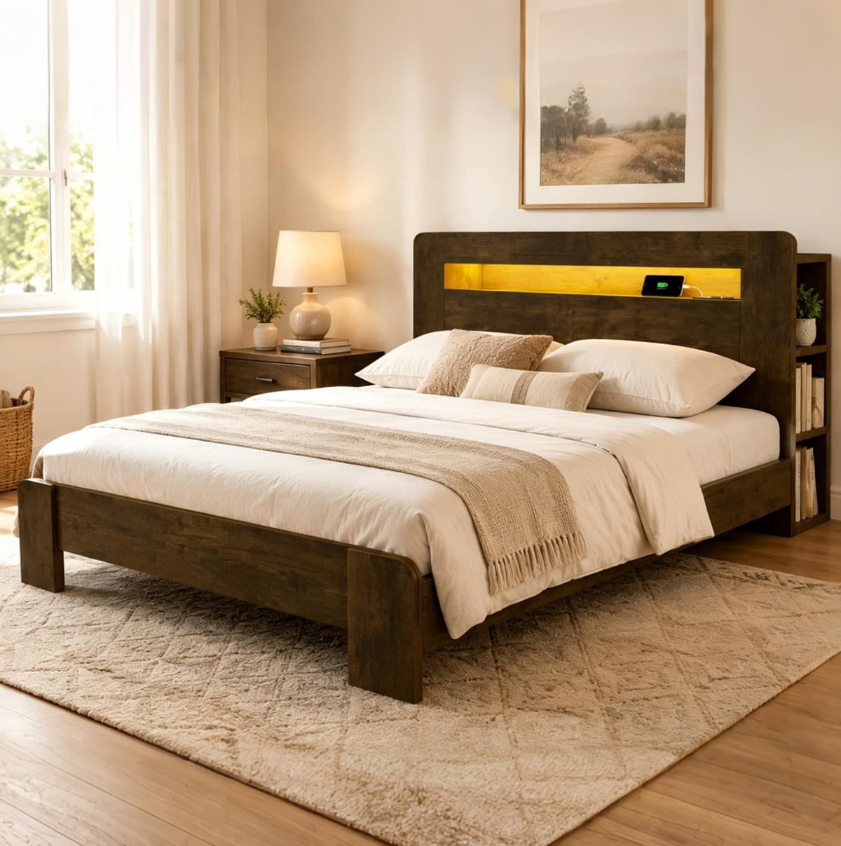 MULTIFUNKTIONSBETT 140x200 cm in Vintage-Holzoptik mit LED-Beleuchtung und Steckdosen - Naturfarben, Holz (140/200cm) - IVMEU
