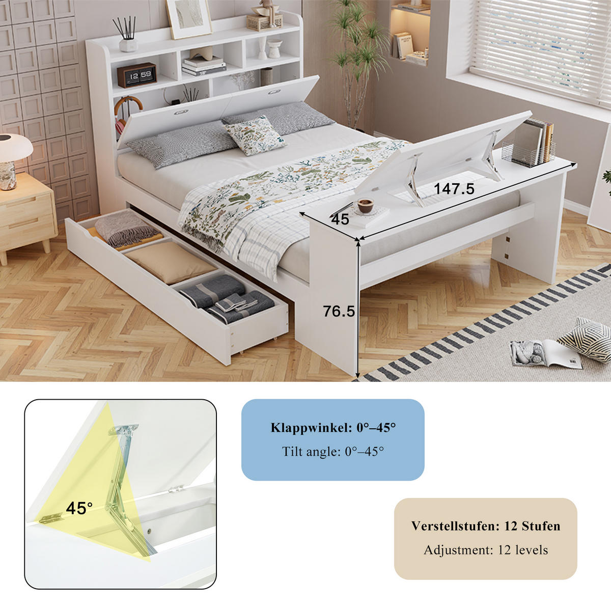 BETT 140/200 cm in Weiß mit Stauraum, Klapptisch und verstellbarer Schublade aus Holz - Weiß, Holzwerkstoff - STILVORA