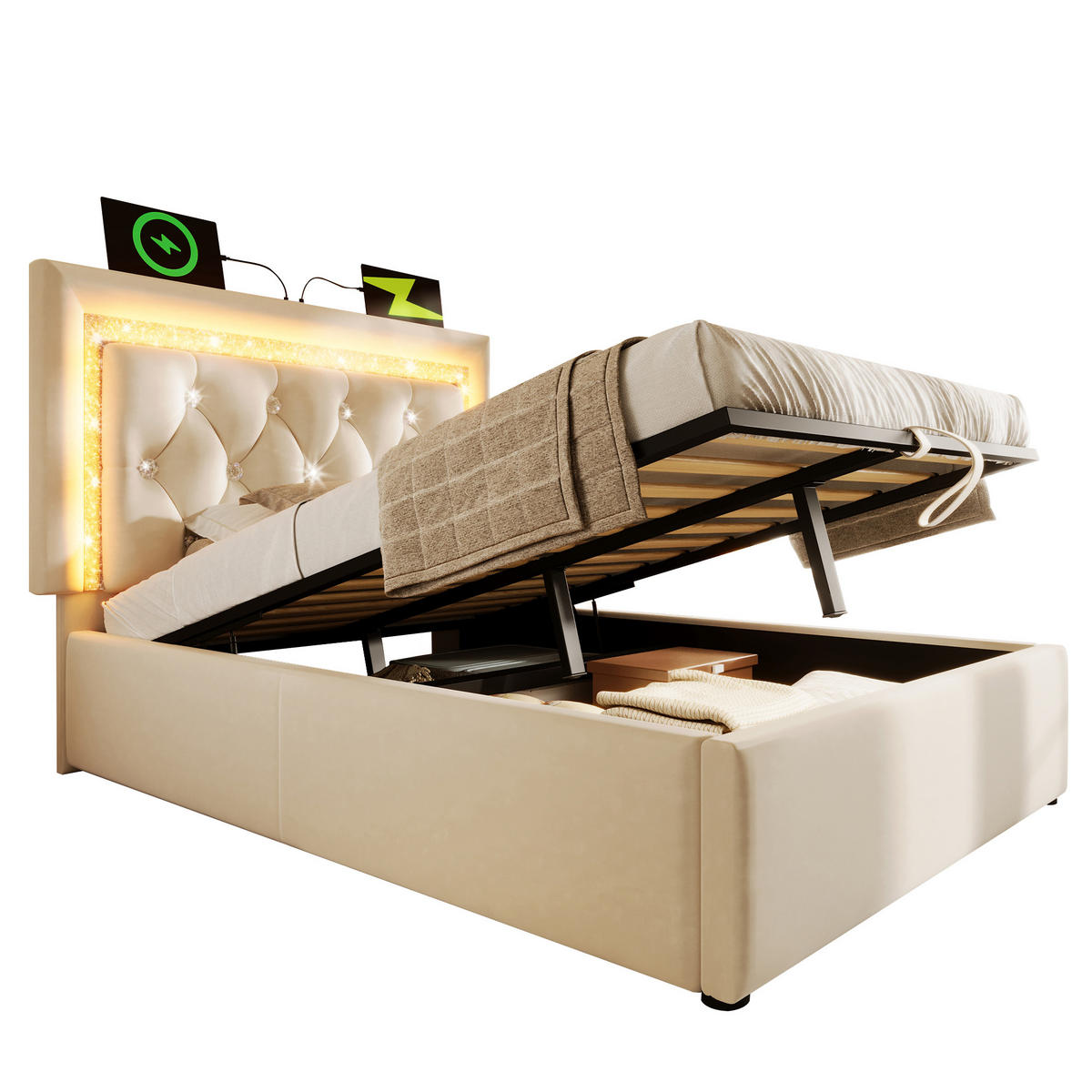POLSTERBETT aus Samt 90x200 cm in Beige mit LED & USB-Type-C Ladestation - Beige, Textil (90/200cm) - Modfu