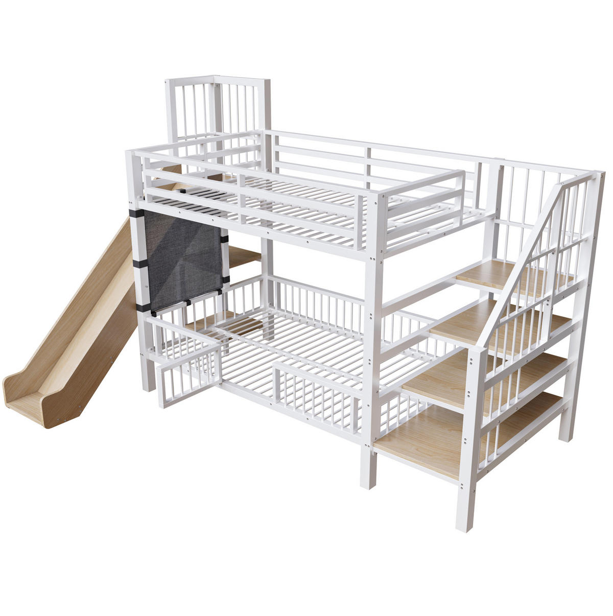 VYSOKÁ posteľ 90/200 cm biela z MDF a kovu so šmykľavkou, úložnými schodmi a policami - biela, kompozitné drevo (90/200cm) - OKWISH