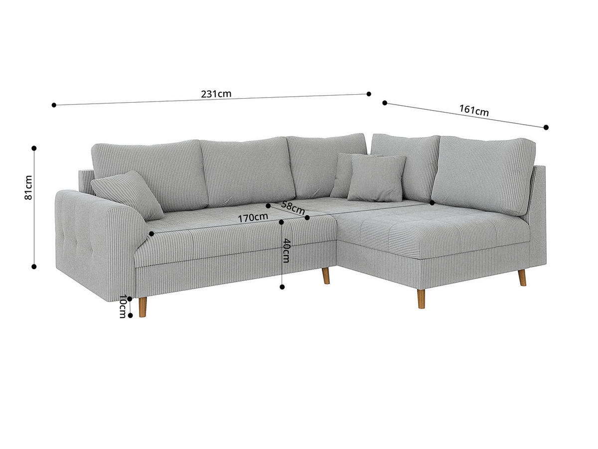 ECKSOFA inkl. Hocker Alma Hellgrau Cord - Ottomane rechts - Hellgrau/Braun, Holz/Textil (231/161cm) - S-Style Möbel