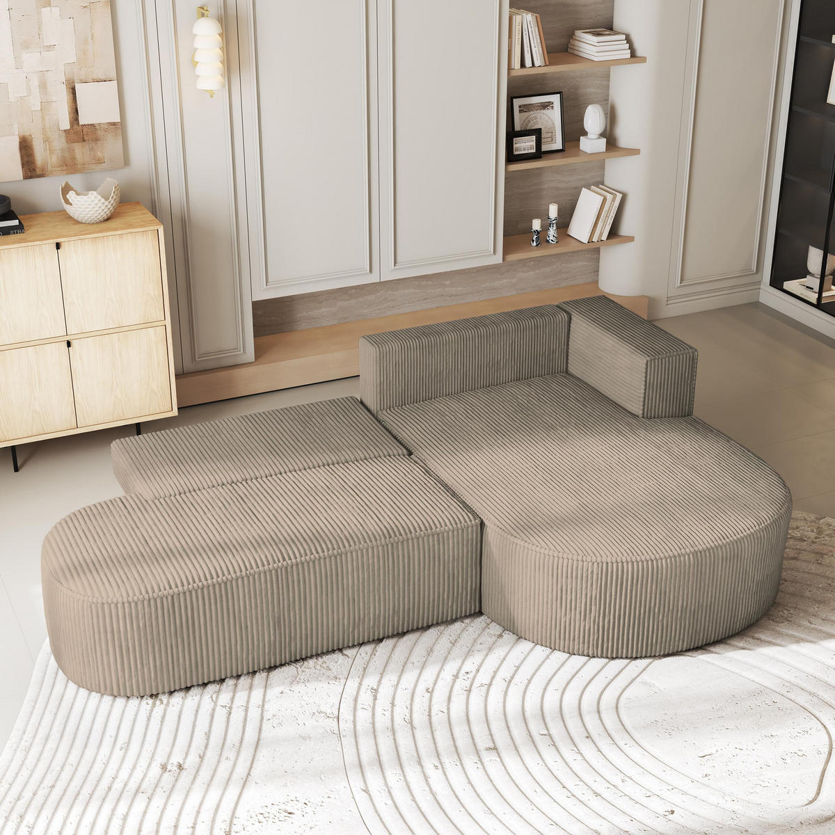 ECKSOFA CORTIO P R-S Beige Kordstoff mit Schlaffunktion - Beige, Holz (265/174cm) - MASSENO