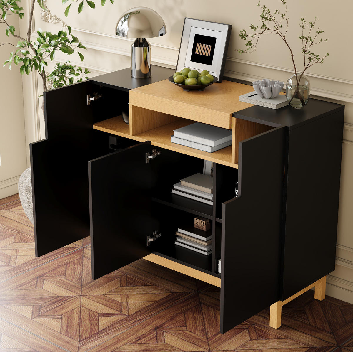 SIDEBOARD 120,5/42/96 cm mit 3 Türen und offenem Fach, aus Spanplatte, Schwarz - Schwarz, Holzwerkstoff (120.5/96/42cm) - Redom