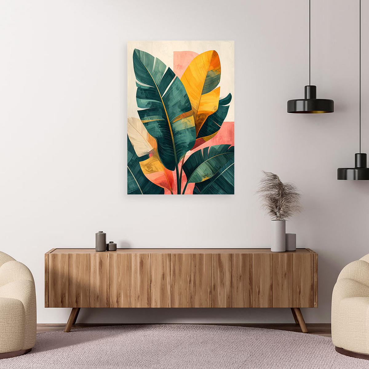 BILD auf Leinwand, Exotische Blätter in Grün- und Orangetönen - Grün, Textil (80/120cm) - Feeby