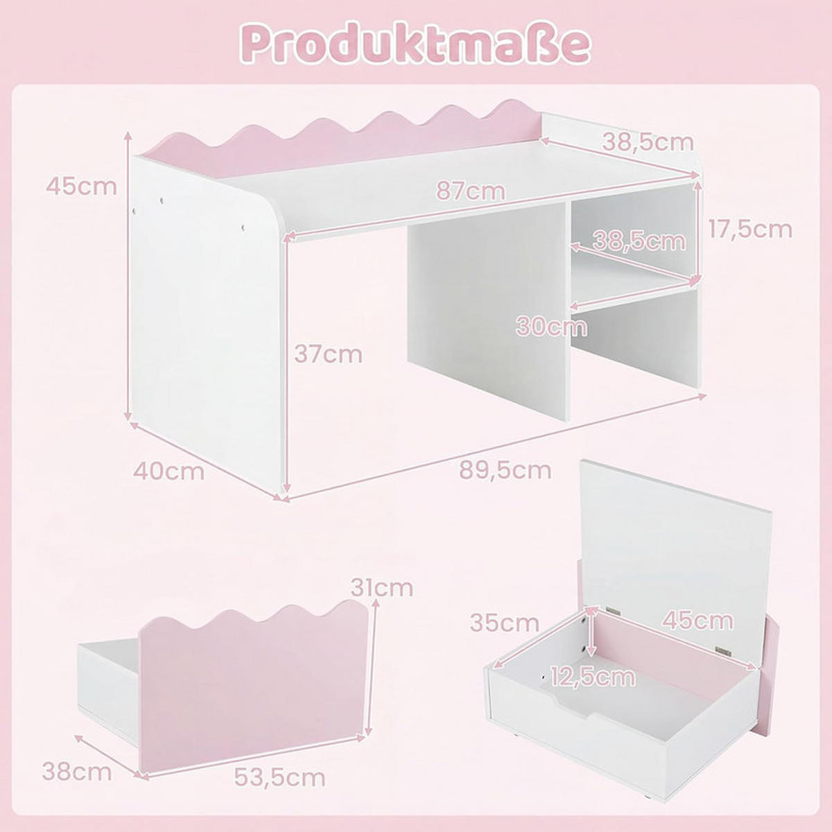 KINDERTISCH mit Rollen rosa(2-tlg) - Pink, Holzwerkstoff (89.5/45/40cm) - COSTWAY