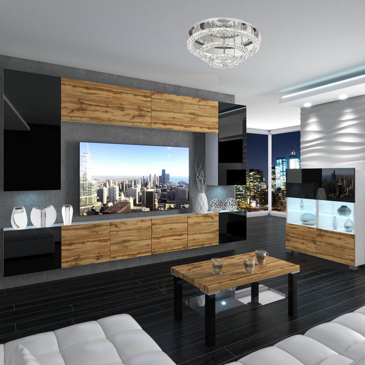 WOHNZIMMERWAND Schrankwand mit LED Schwarz / Wotan Eiche - Schwarz/Braun, Holz (300/180/36cm) - B BELINI GROUP