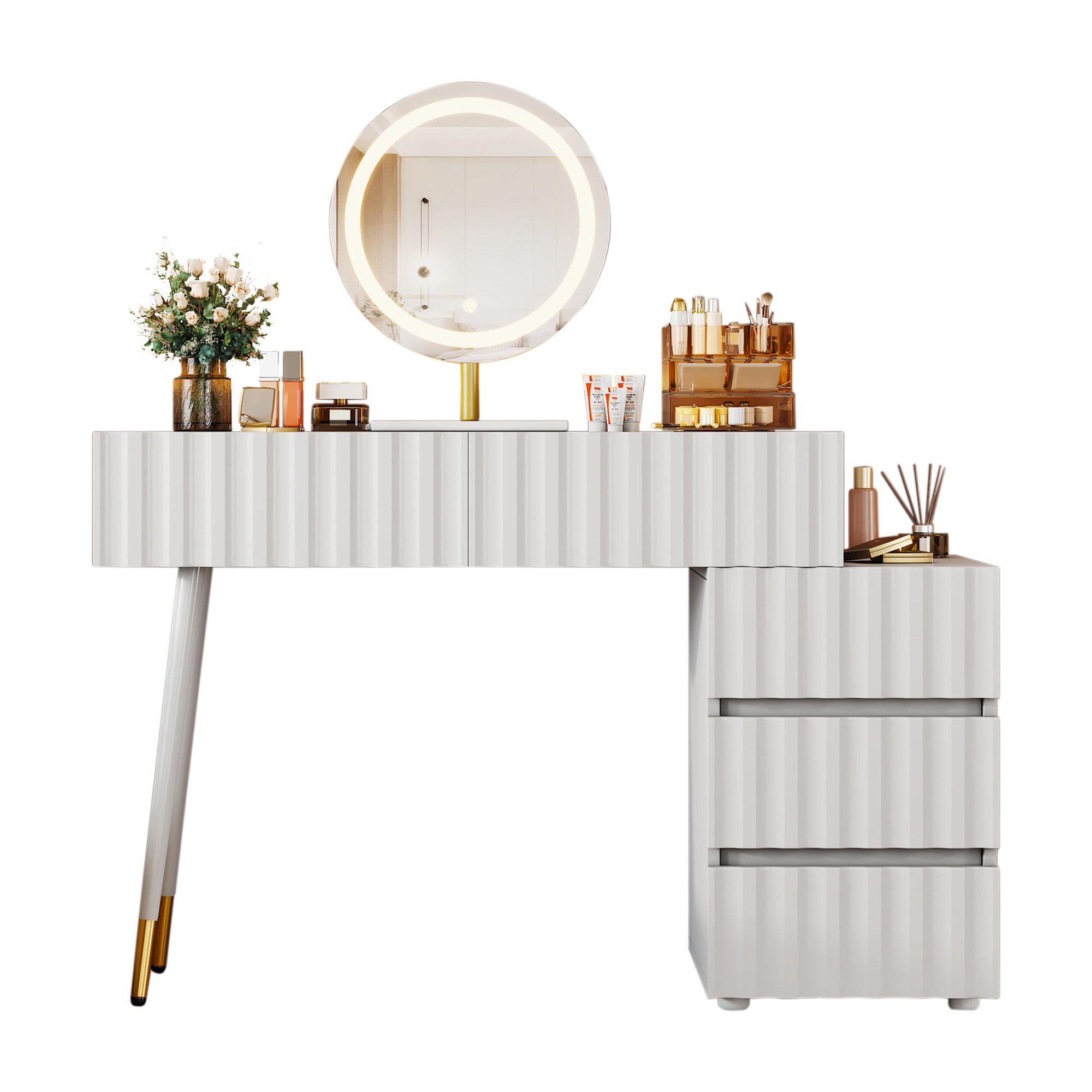 SCHMINKTISCH WEISS mit LED-Spiegel und 5 Schubladen 100x40x127 cm - Weiß, Holzwerkstoff (40/127/100cm) - Bomclap