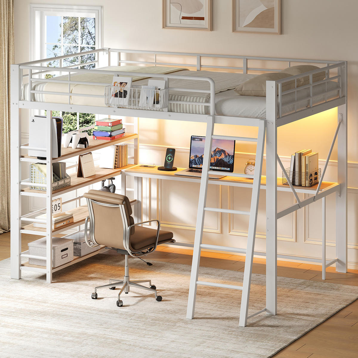 HOCHBETT 140/200 cm in Weiß mit integriertem Schreibtisch, 4-stöckigem Regal, LED und Ladestation aus Metall und MDF - Weiß, Holzwerkstoff/Metall (140/200cm) - STILVORA