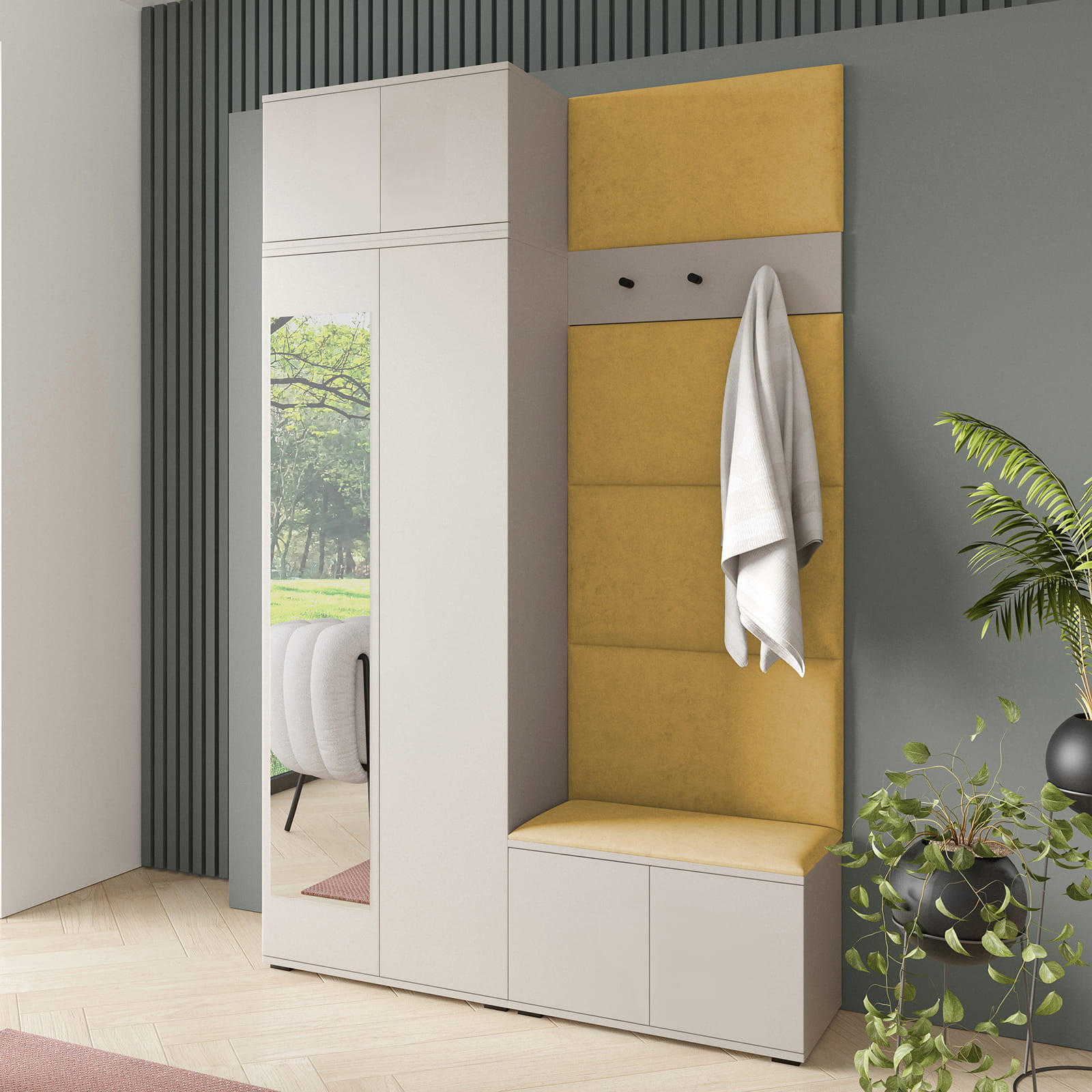 GARDEROBE NAPOLI 4 mit POLSTERPANEELEN GELB - Beige/Gelb, Holzwerkstoff (140/229/40cm) - Jerpax