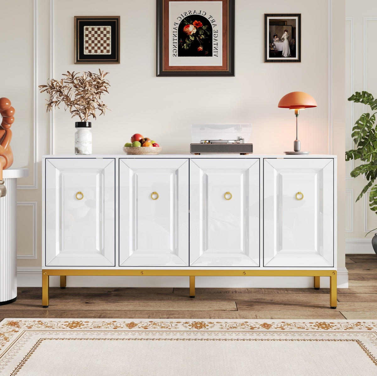 SIDEBOARD in Hochglanz Weiß mit goldenen Metallbeinen und eleganten Ringgriffen, 140/40/80 cm, Weiß/Gold - Weiß, Holzwerkstoff (140/80/40cm) - Redom