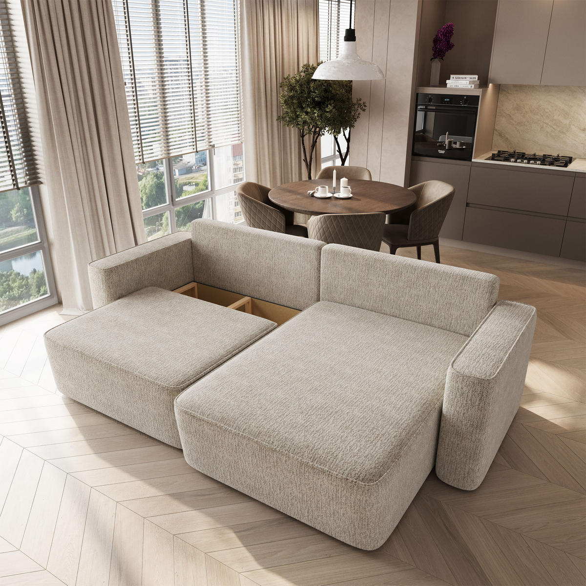 ECKSOFA BELISE BL Creme Chenille mit Schlaffunktion - Creme, Holz/Textil (252/162cm) - MASSENO