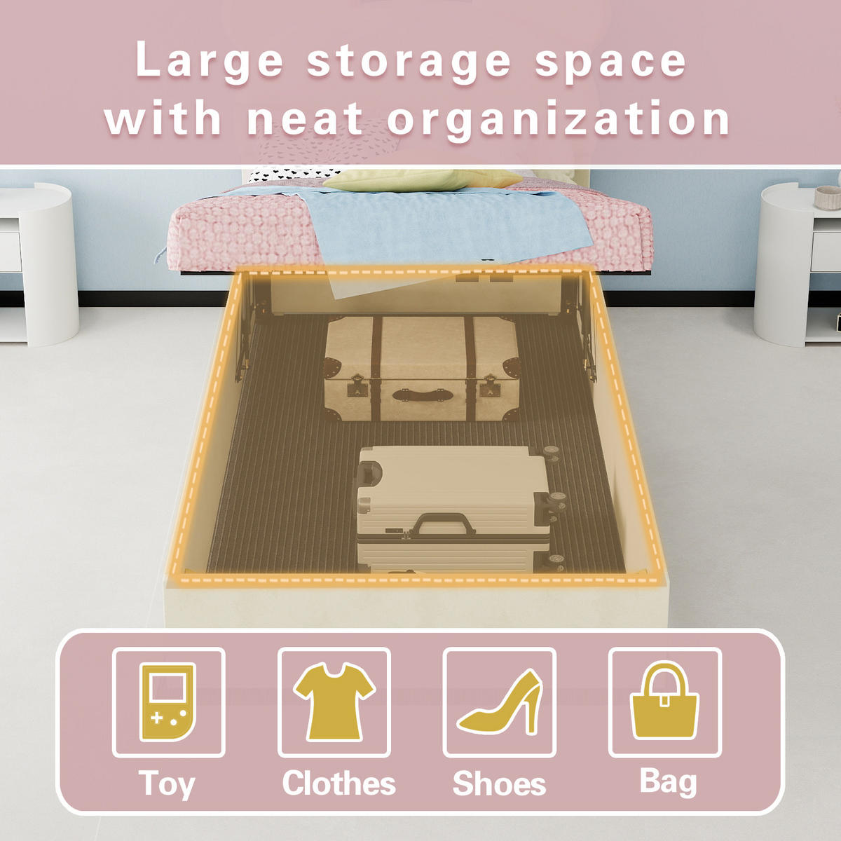 KINDERBETT 90/200 cm in Beige mit Bettkasten Stoff Cartoon-Design - Beige, Holzwerkstoff/Textil (90/200cm) - STILVORA