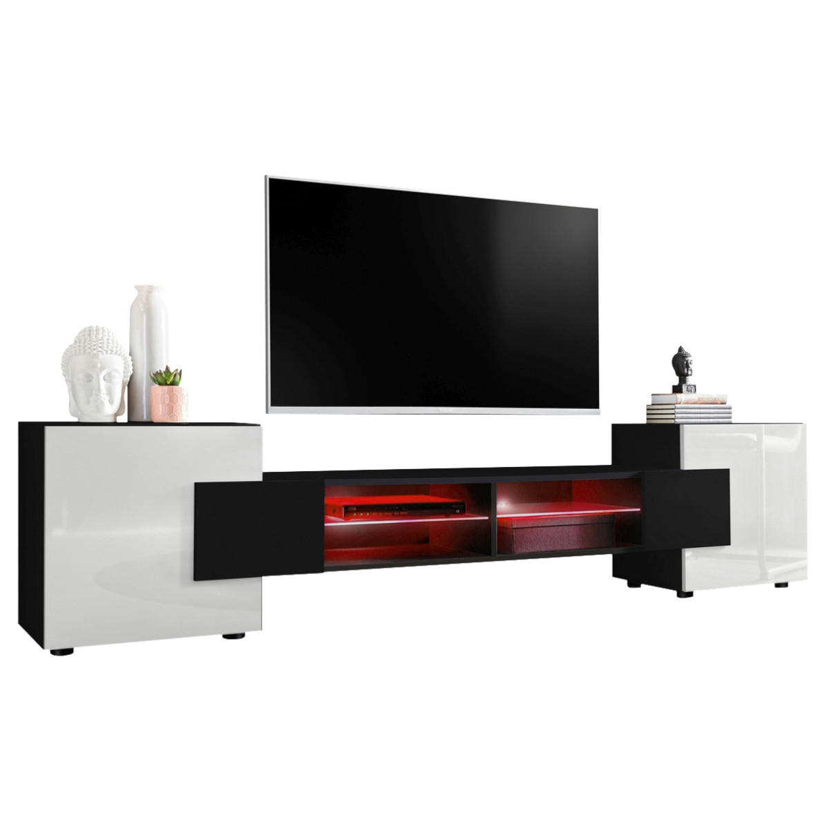 LOWBOARD MERANO Schwarz, LED Beleuchtung Mehrfarbige - Schwarz/Weiß, Glas/Holzwerkstoff (230/52.5/35cm) - Komodee