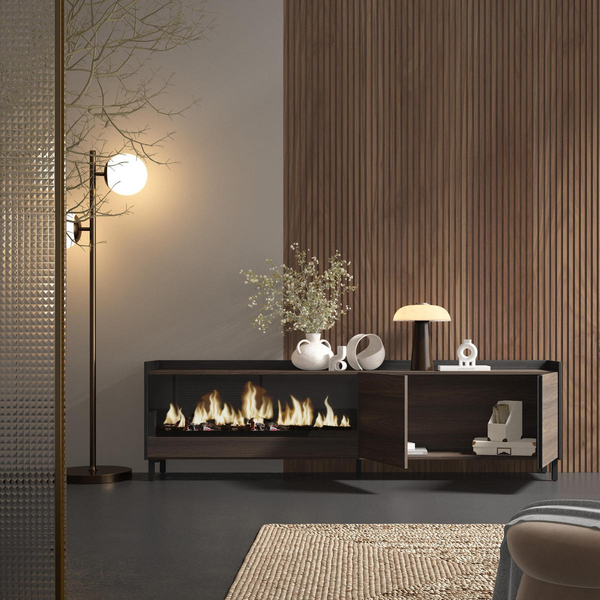 LOWBOARD, Eiche und Schwarz, 212/35/61cm, Kamin mit Feuereffekt XXL - Dunkelbraun, Holzwerkstoff (212/61/35cm) - Skraut Home