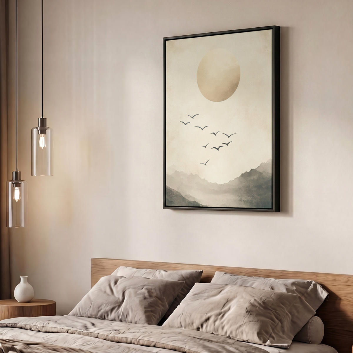 LEINWAND Bilder mit Rahmen - Landschaft - Japandi - Vogel - 60x80 - Beige, Textil (60/80cm) - MuchoWow