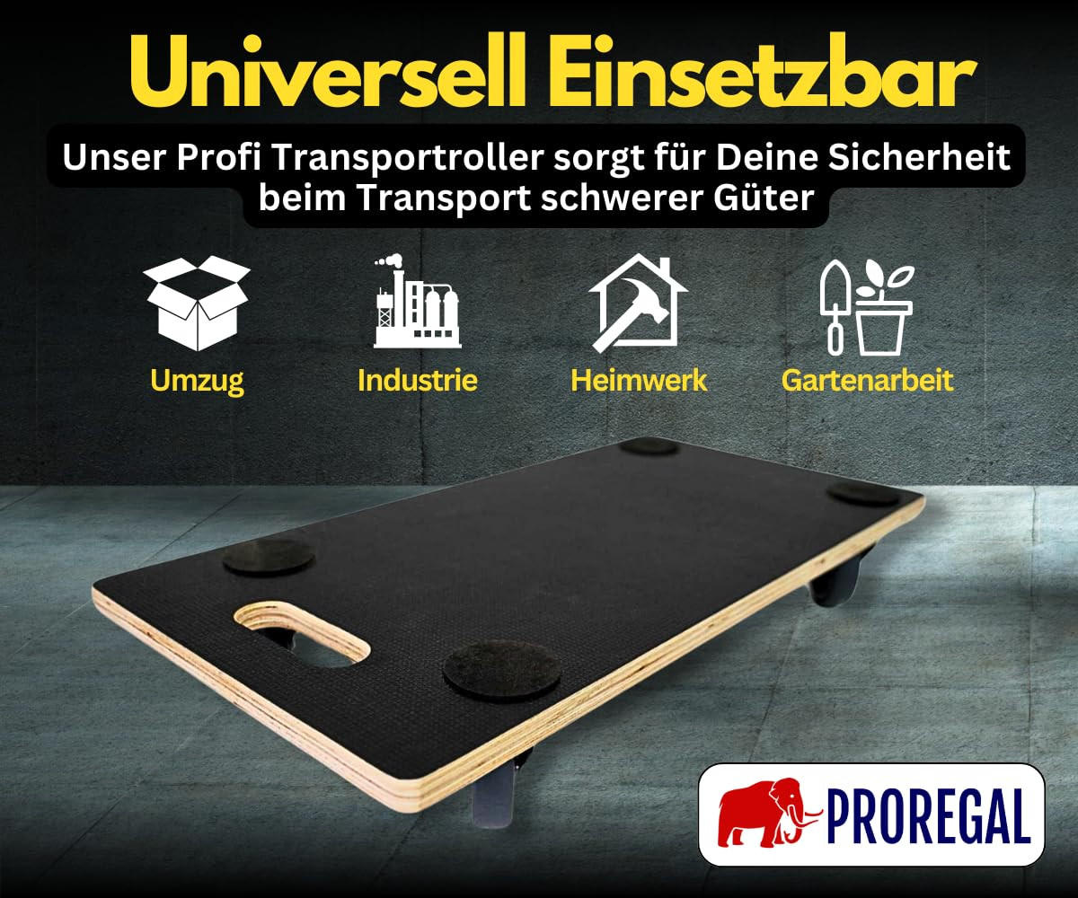 TRANSPORTROLLER mit 4 Rollen 11,5x30x60cm Traglast 200kg Siebdruck Holzplatte Schwarz 2 Stück - Schwarz, Holzwerkstoff (60/30/11.5cm) - PROREGAL