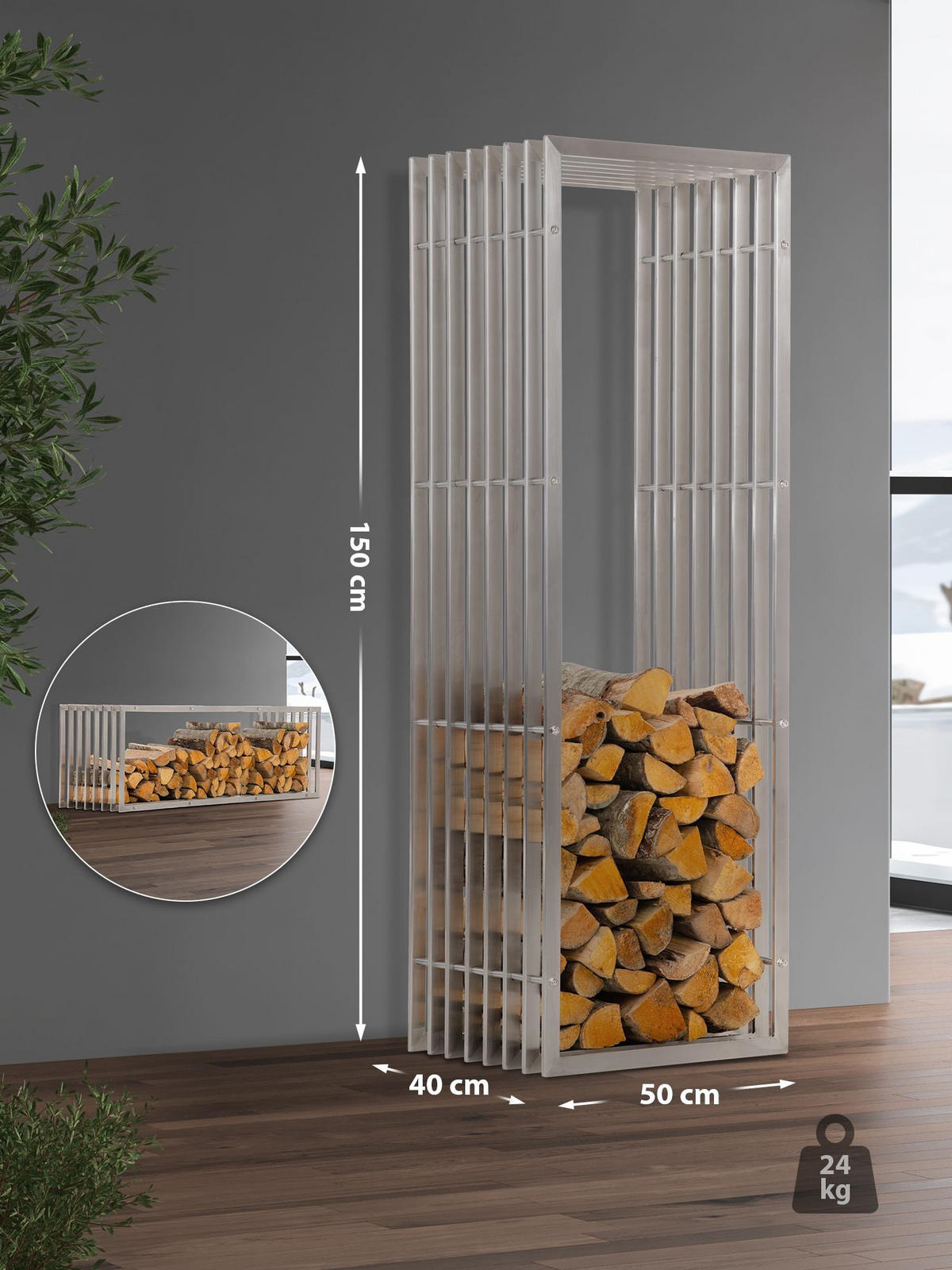 KAMINHOLZREGAL 50/40/150 cm Metall edelstahl - Edelstahlfarben, Metall (50/150/40cm) - CLP